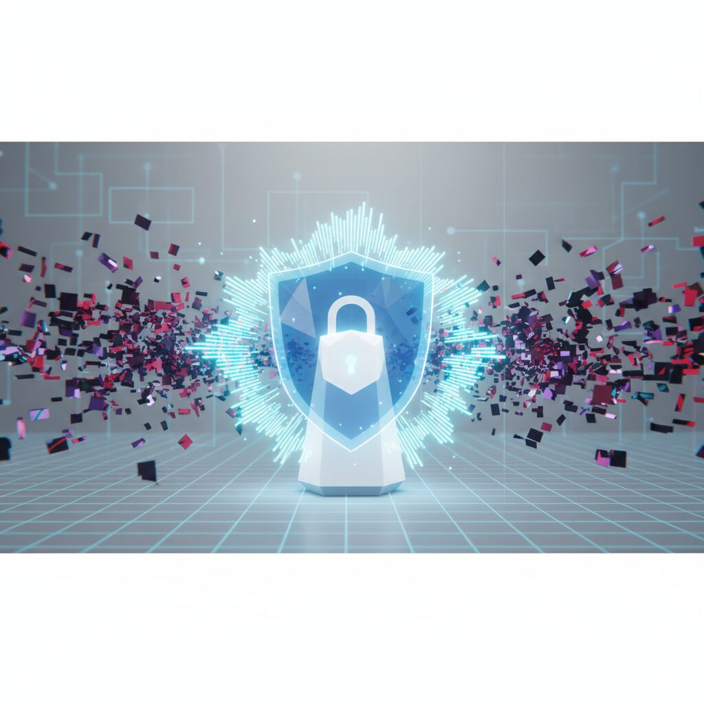 A glowing, futuristic shield icon protecting a diverse family using various smart devices at home, with subtle AI circuitry patterns overlaying the scene.
