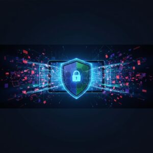 A futuristic digital interface displays data streams and security icons, with a glowing AI brain or network hub at the center, symbolizing advanced cybersecurity defense.