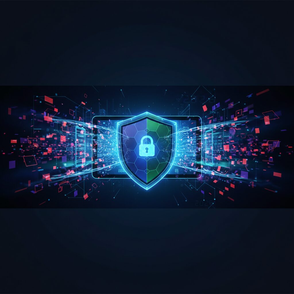 A futuristic digital interface displays data streams and security icons, with a glowing AI brain or network hub at the center, symbolizing advanced cybersecurity defense.