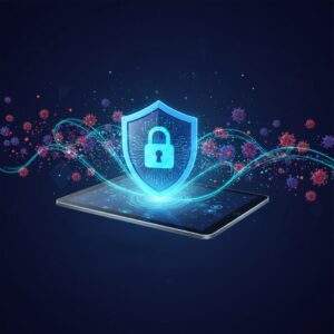 A futuristic digital cityscape with glowing data streams, protected by an abstract AI shield icon, symbolizing advanced cybersecurity. Blue and green hues dominate the scene.