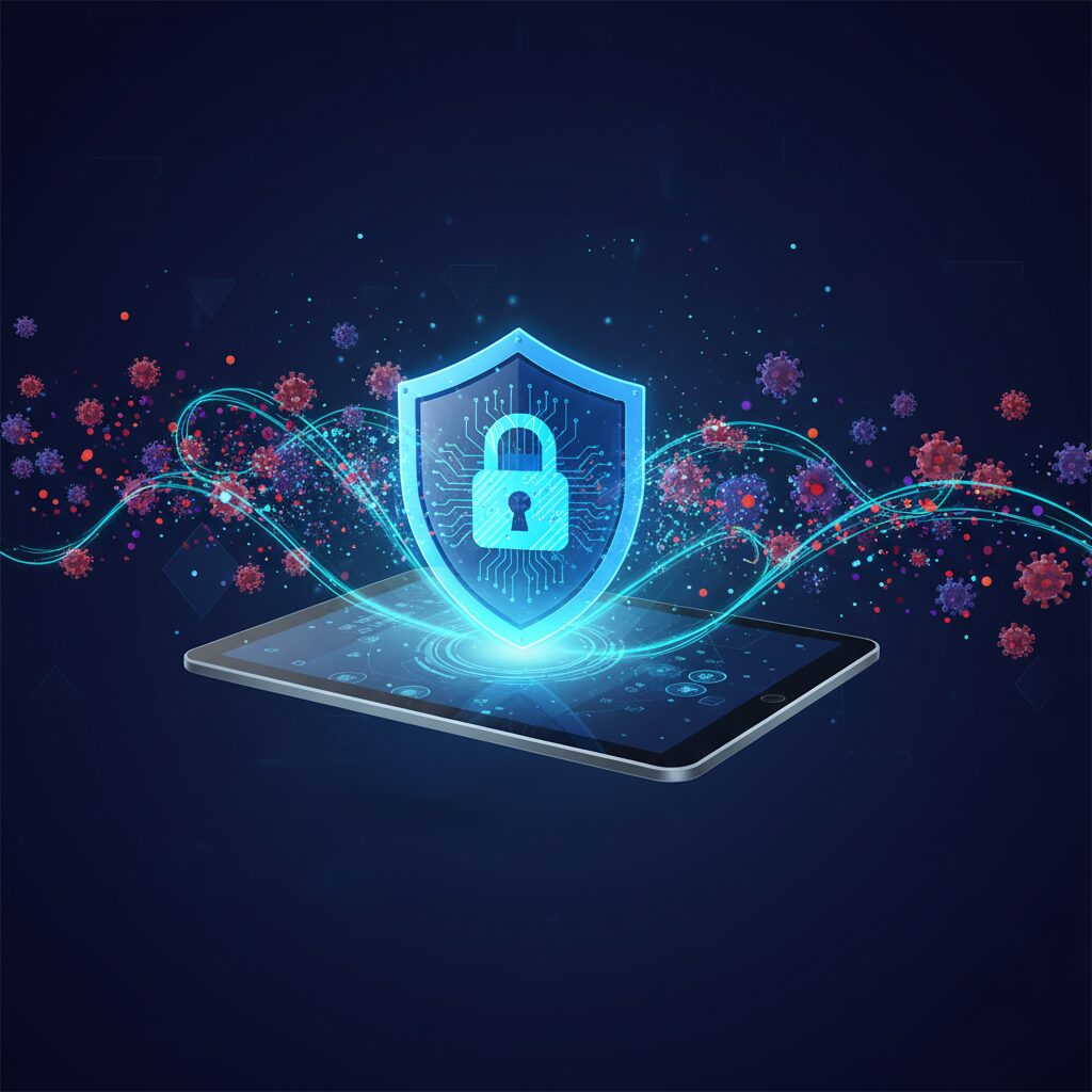 A futuristic digital cityscape with glowing data streams, protected by an abstract AI shield icon, symbolizing advanced cybersecurity. Blue and green hues dominate the scene.