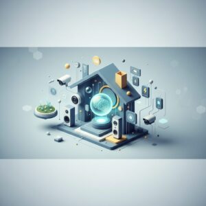 A sleek, modern living room with integrated smart home devices, a holographic interface displaying information, and a subtle AI assistant presence, conveying advanced technology and effortless living.