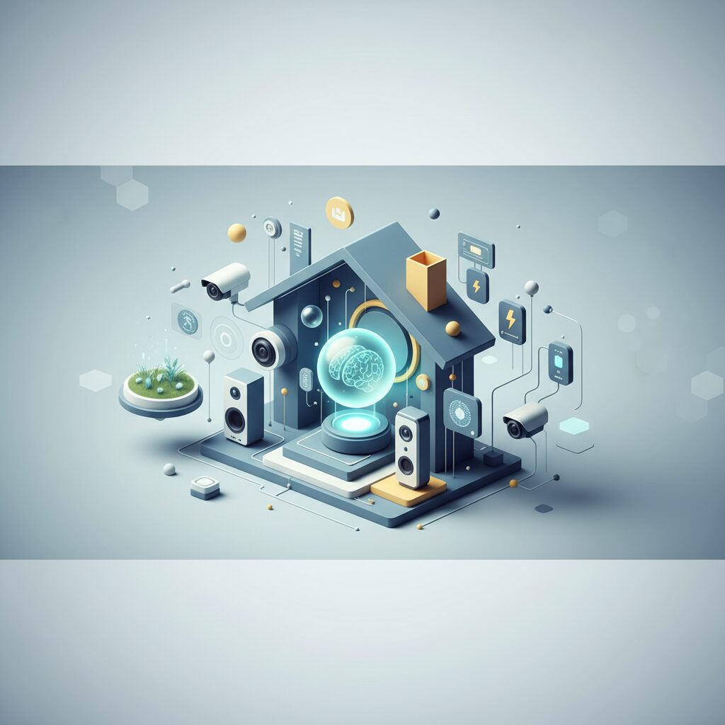 A sleek, modern living room with integrated smart home devices, a holographic interface displaying information, and a subtle AI assistant presence, conveying advanced technology and effortless living.