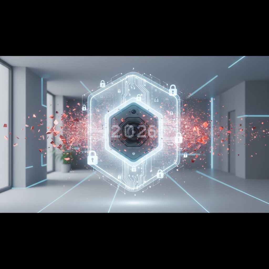 Modern smart home interior featuring discreet AI-powered security cameras and a digital interface displaying monitoring data, conveying peace of mind.