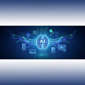 A futuristic, clean office setting with a diverse professional interacting seamlessly with an advanced holographic interface representing an AI assistant, showcasing intelligent automation.