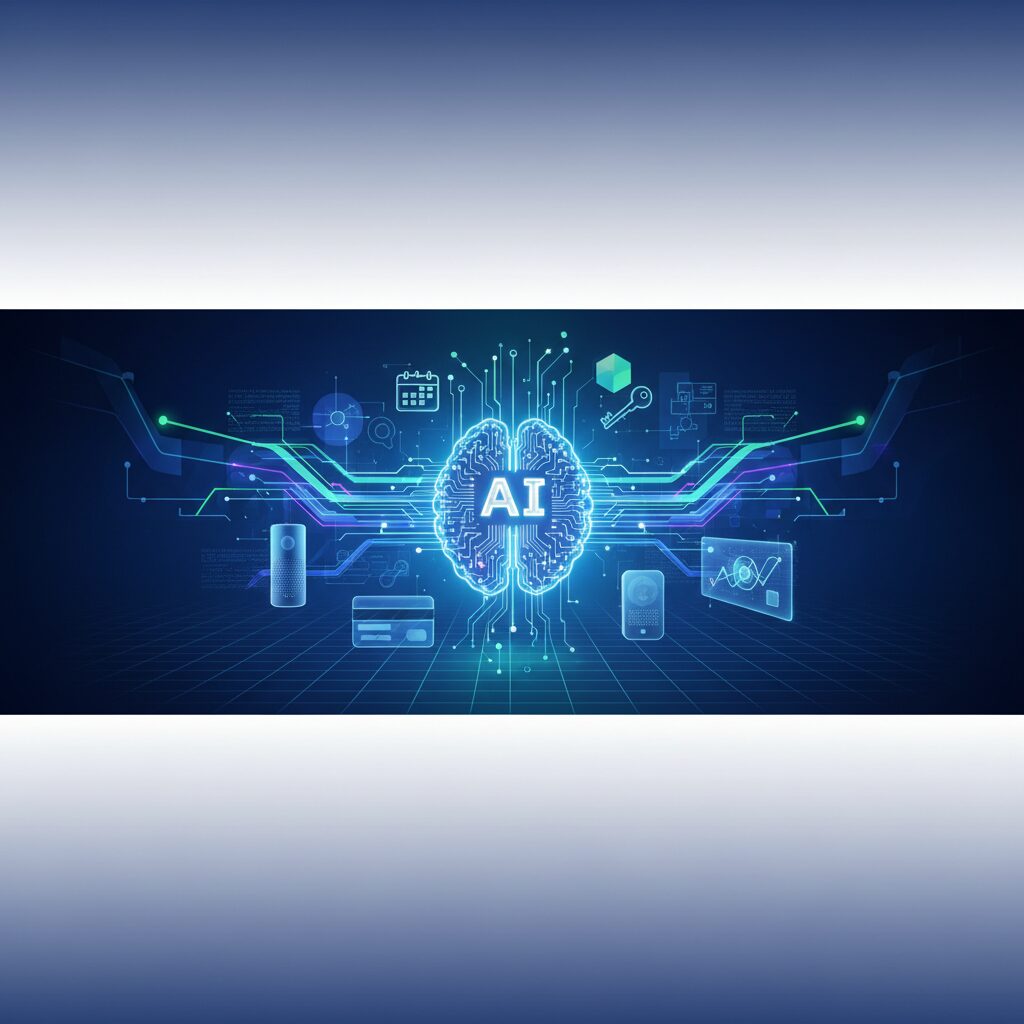 A futuristic, clean office setting with a diverse professional interacting seamlessly with an advanced holographic interface representing an AI assistant, showcasing intelligent automation.