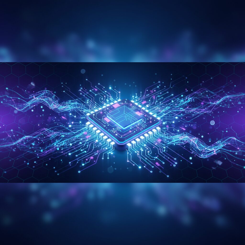 A futuristic, sleek computer chip glowing with integrated circuits, representing artificial intelligence capabilities. Blue and purple light streams highlight advanced processing units.