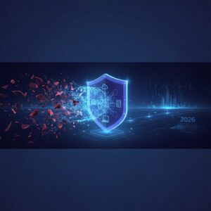 Digital security shield protecting a network of small business icons, with abstract AI elements like glowing neural pathways, futuristic blue and green tones.