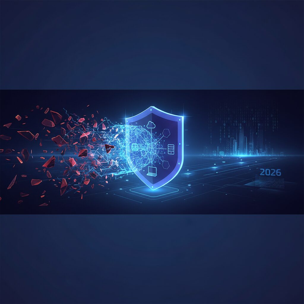 Digital security shield protecting a network of small business icons, with abstract AI elements like glowing neural pathways, futuristic blue and green tones.