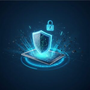 Digital cityscape with glowing data streams and shield icons, symbolizing AI cybersecurity protecting networks from 2026 threats.