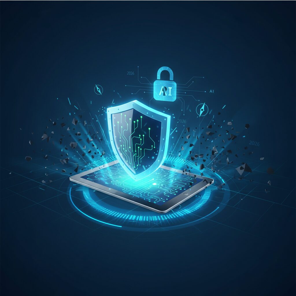 Digital cityscape with glowing data streams and shield icons, symbolizing AI cybersecurity protecting networks from 2026 threats.