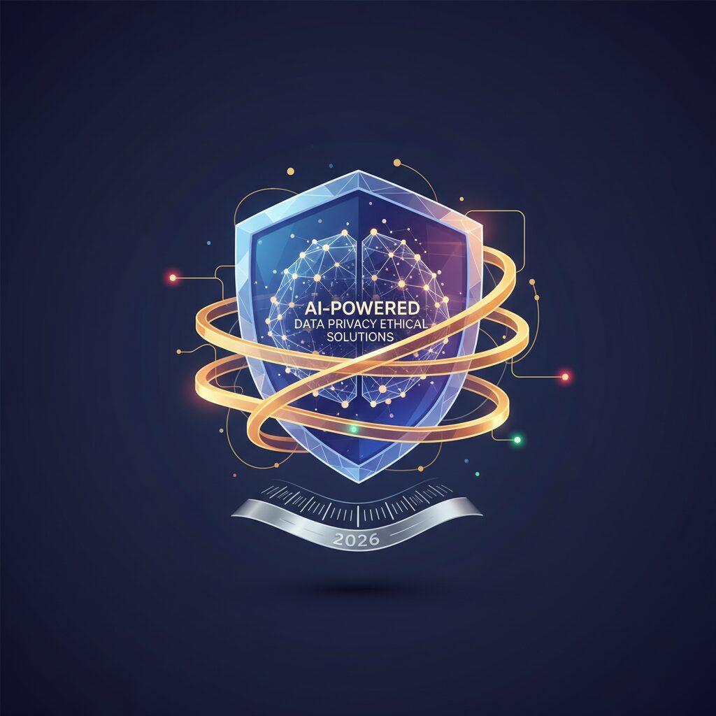 A secure, abstract digital representation of data flows protected by AI, featuring glowing network nodes and a subtle futuristic shield, signifying advanced privacy by 2026.