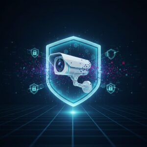 Sleek modern home at dusk, subtle blue light. Holographic security icons around entry points signify AI surveillance. A drone hovers, advanced protection.