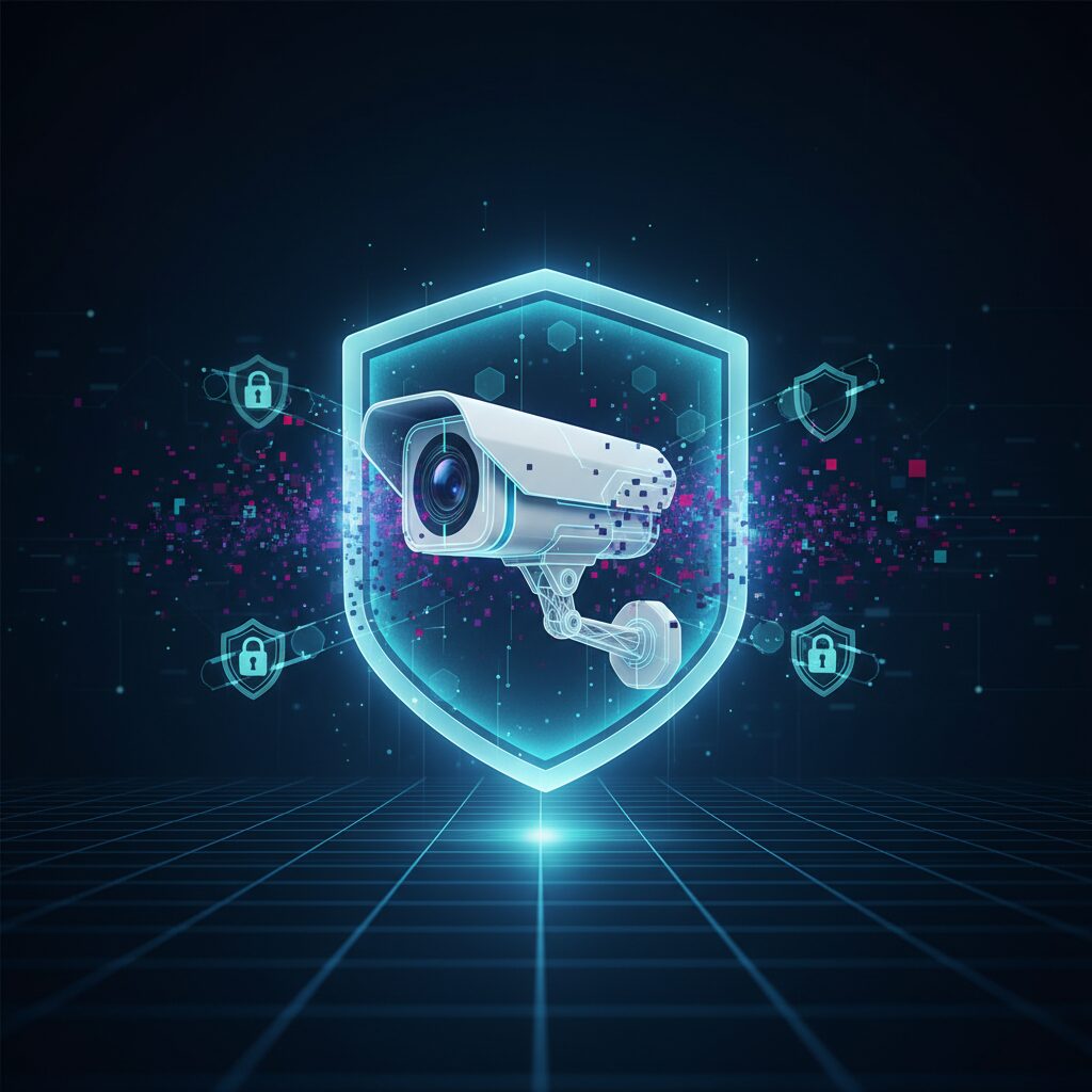 Sleek modern home at dusk, subtle blue light. Holographic security icons around entry points signify AI surveillance. A drone hovers, advanced protection.