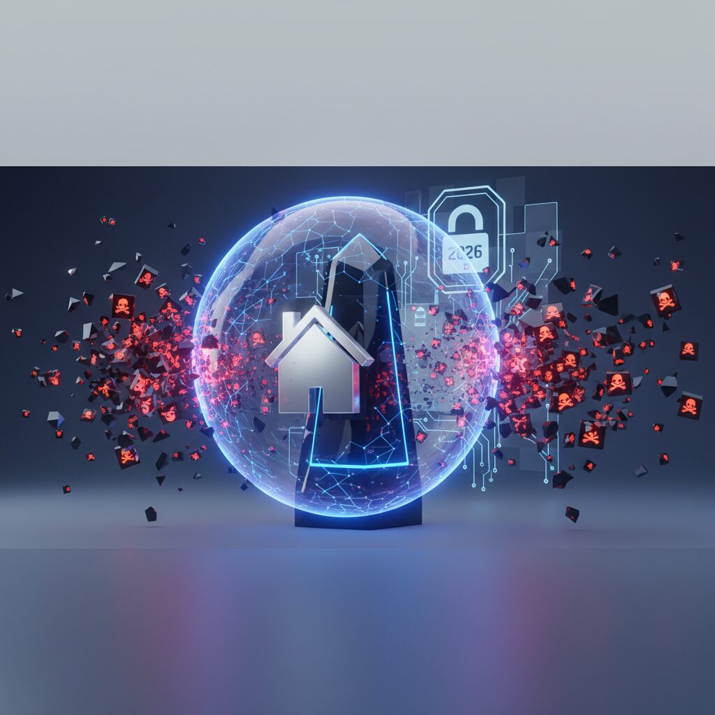 A sleek, modern smart home interior with an integrated AI security system display, showing a secure perimeter and smart cameras monitoring activity.