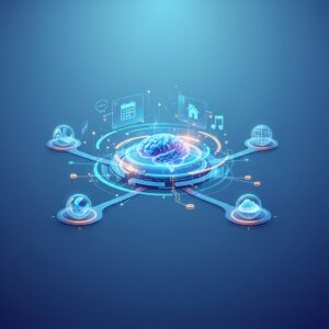 A sleek, translucent holographic AI interface projects from a minimalist device on a modern desk, assisting a person interacting with data visualizations.