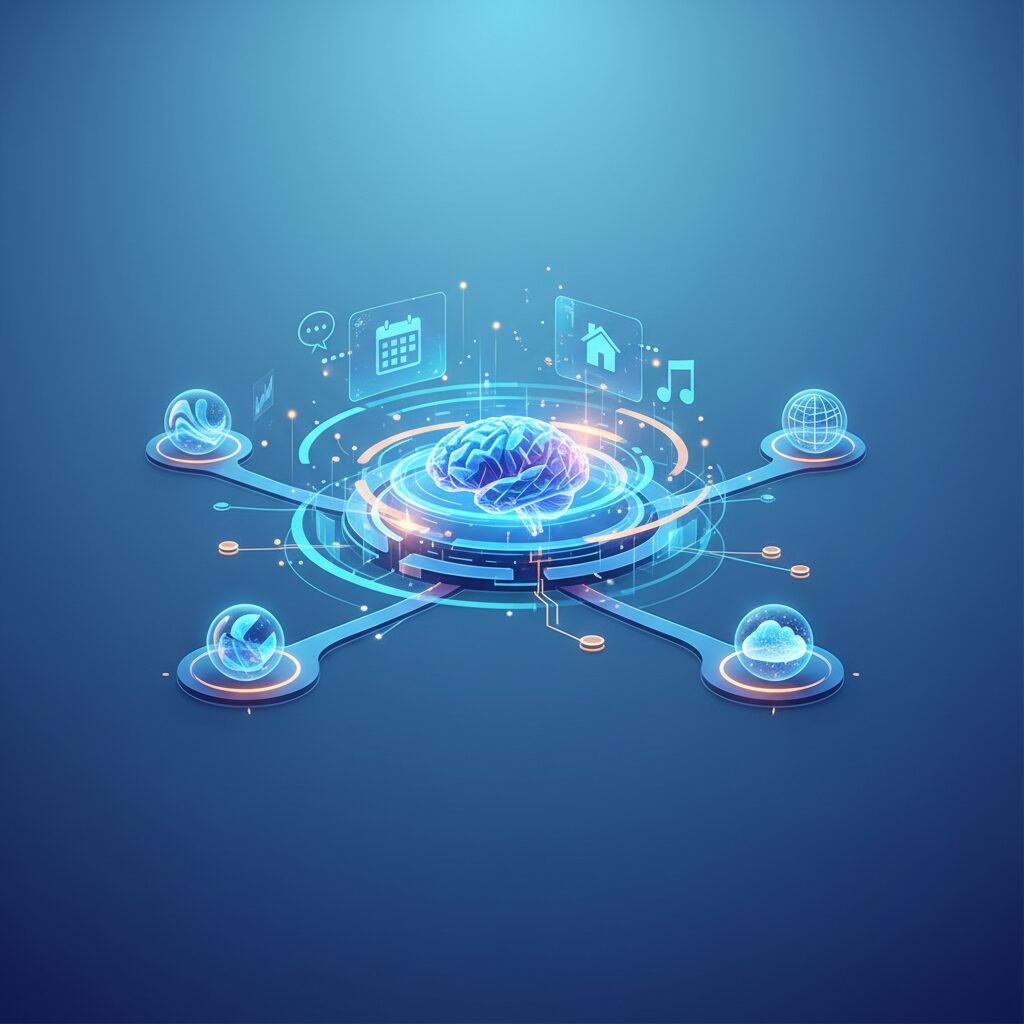 A sleek, translucent holographic AI interface projects from a minimalist device on a modern desk, assisting a person interacting with data visualizations.