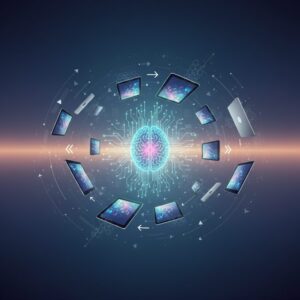 Futuristic desktop with a sleek monitor showing AI interfaces, a glowing keyboard, and holographic data. Hands interact with a touchpad, surrounded by digital energy.