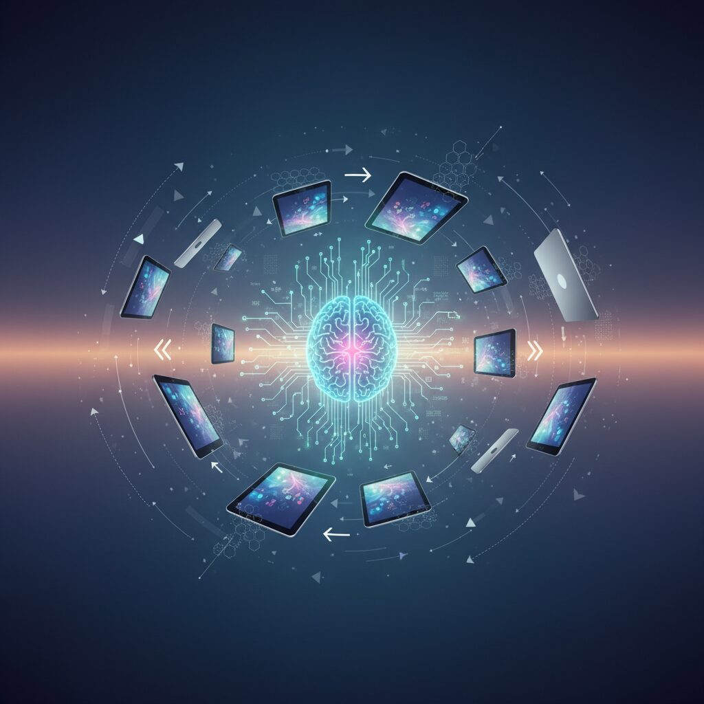 Futuristic desktop with a sleek monitor showing AI interfaces, a glowing keyboard, and holographic data. Hands interact with a touchpad, surrounded by digital energy.