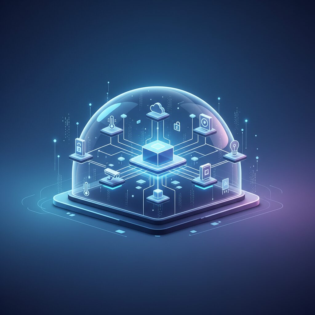 A sophisticated, futuristic living space demonstrating AI-powered smart home integration, with subtle holographic interfaces and seamless technology.