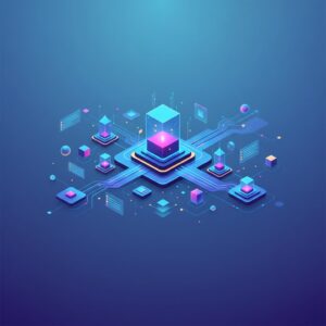 Futuristic office workspace with holographic interfaces, glowing screens, and data visualizations. Professionals interact seamlessly with advanced AI assistants, enhancing efficiency.