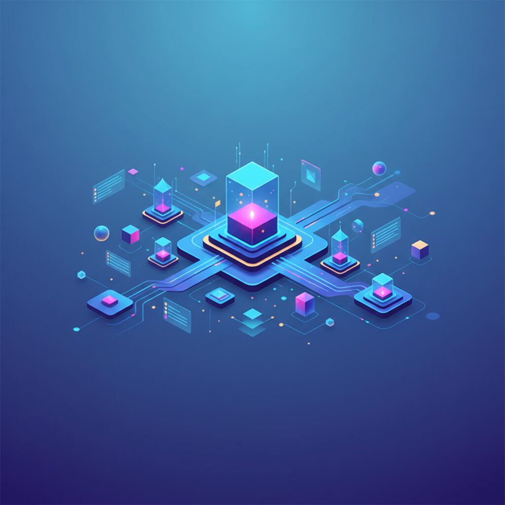 Futuristic office workspace with holographic interfaces, glowing screens, and data visualizations. Professionals interact seamlessly with advanced AI assistants, enhancing efficiency.