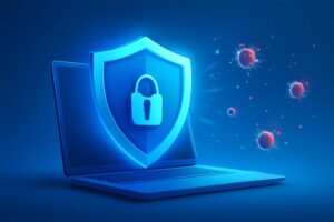 High-tech digital shield displaying various antivirus brands