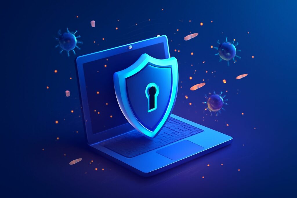 Person using a laptop with digital security icons floating around