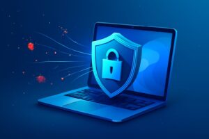A futuristic digital shield protecting a Windows 11 interface