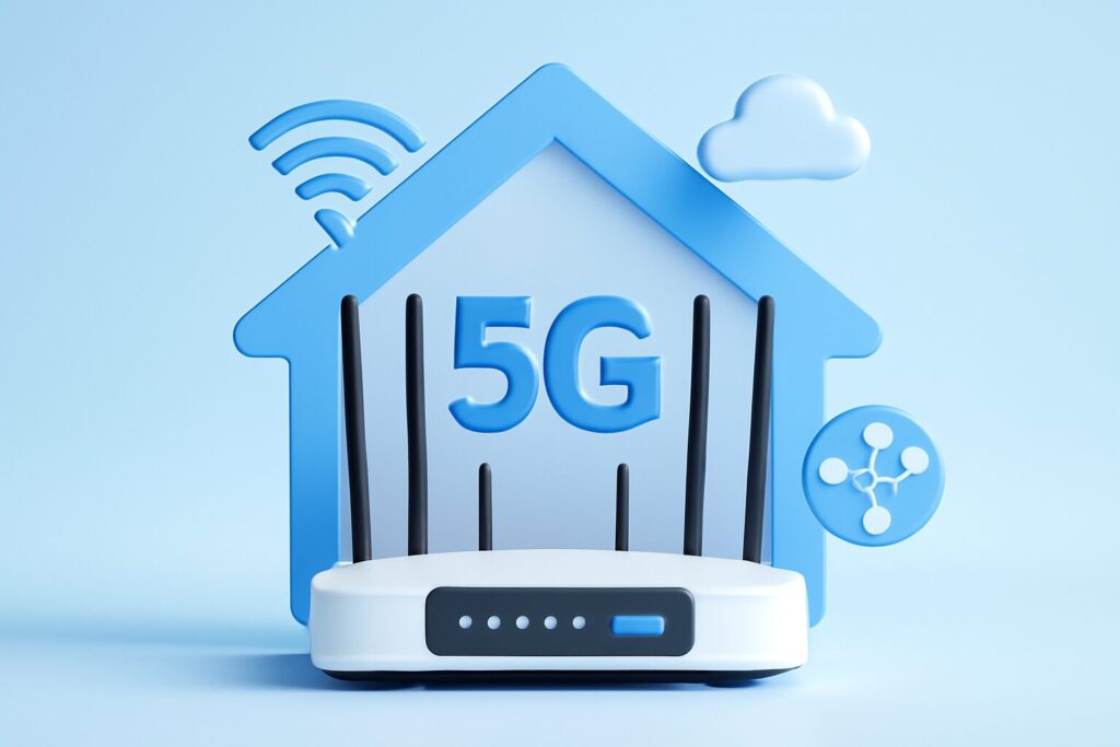 Sleek modern 5G router on a wooden table in a bright room