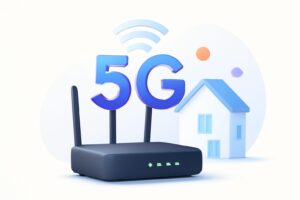 Modern sleek 5G router in a home setting with glowing LED indicators