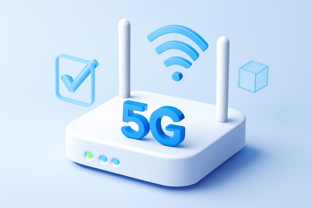 Modern sleek 5G router with glowing lights in a futuristic setting