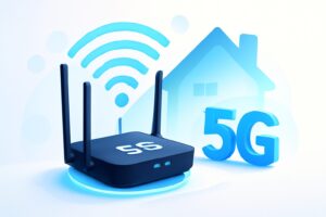 Sleek, modern router on a table with a home setting in the background