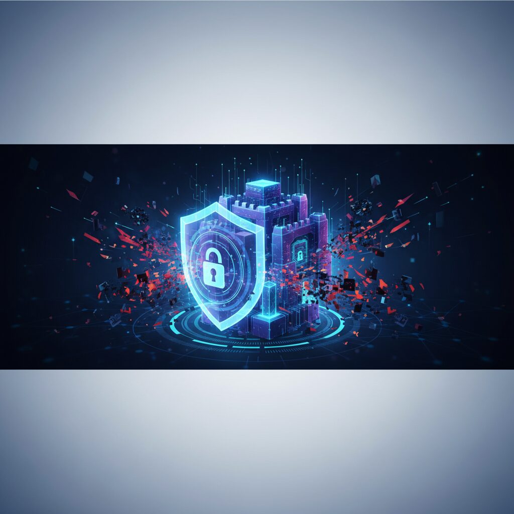 A sleek, modern digital interface displays a complex network of data protected by glowing shield icons, with abstract blue and green light streams representing advanced cybersecurity. A subtle calendar icon showing 2026 is subtly integrated.
