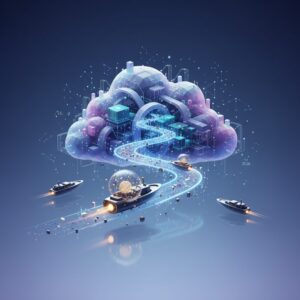 A futuristic data center with glowing blue neural network connections and stylized cloud icons, symbolizing advanced AI cloud infrastructure.
