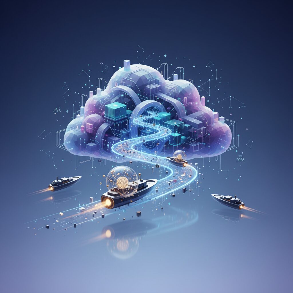 A futuristic data center with glowing blue neural network connections and stylized cloud icons, symbolizing advanced AI cloud infrastructure.