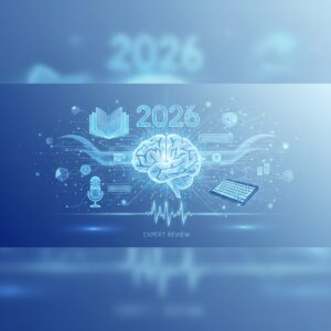 A futuristic digital interface displaying various content generation tools and AI algorithms, with a glowing brain icon symbolizing artificial intelligence, set against a sleek, modern office background.