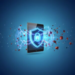 A secure digital shield surrounding a modern small business office environment, with abstract AI interface elements and data flowing securely. Represents advanced cybersecurity protection.