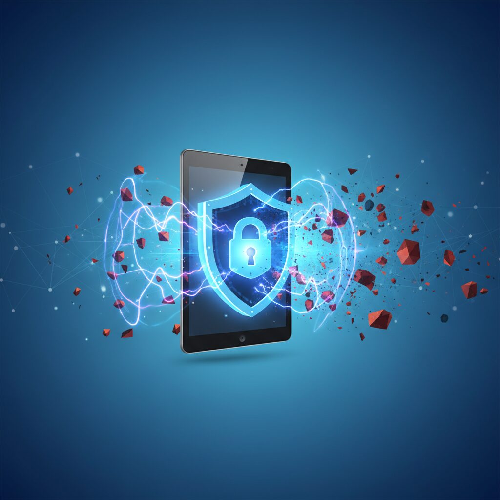 A secure digital shield surrounding a modern small business office environment, with abstract AI interface elements and data flowing securely. Represents advanced cybersecurity protection.