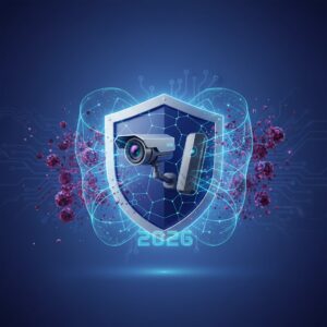 A modern smart home with integrated AI security devices like a sleek camera, facial recognition sensor near the door, and a smart hub interface on a tablet. The scene is bright and futuristic.