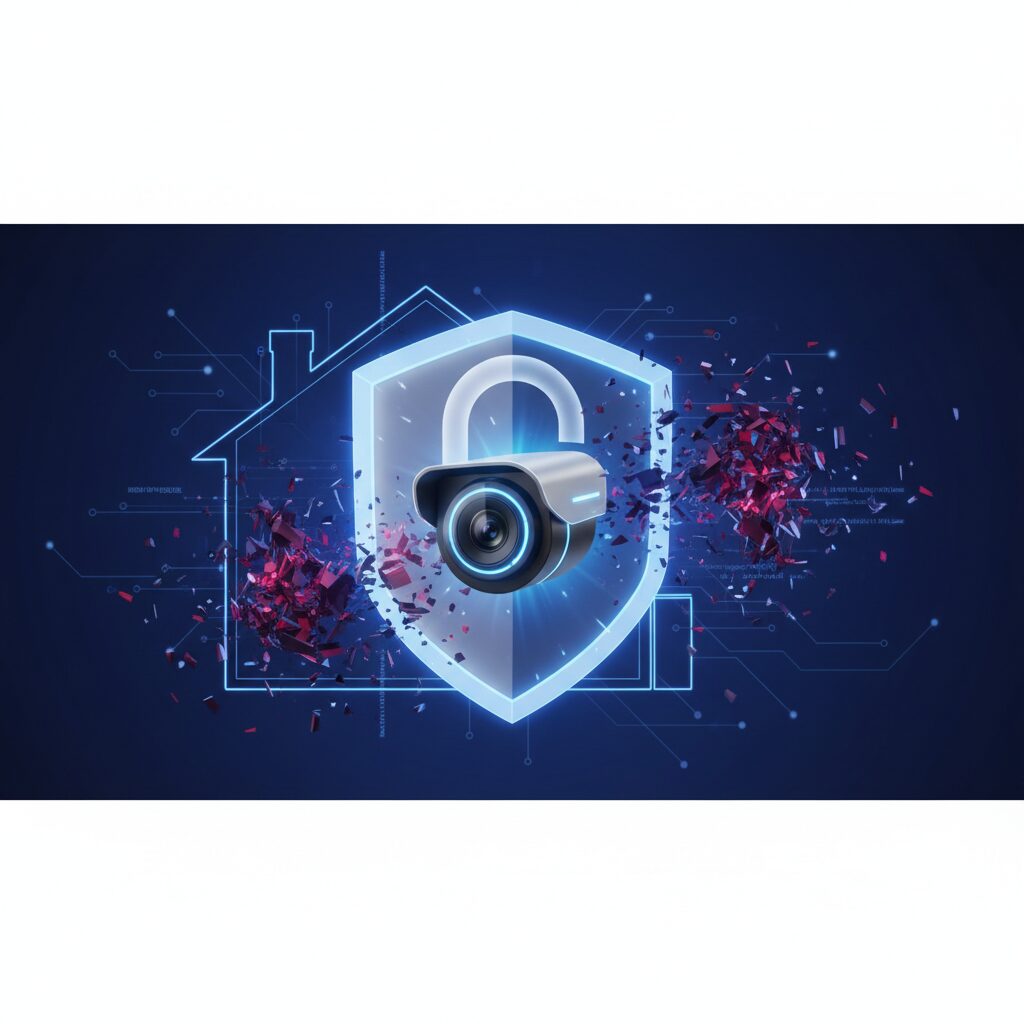 A sleek tablet displays a modern AI home security dashboard with live camera feeds, motion alerts, and facial recognition features. The background is a contemporary, well-lit living room, suggesting a secure environment.