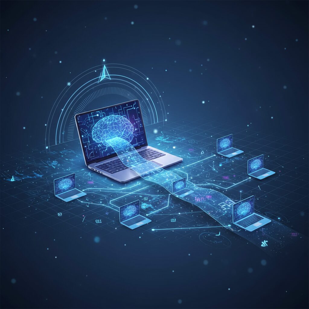 A sleek, futuristic laptop open on a modern desk, glowing with AI interfaces and data visualizations. A blurred professional hand hovers over the keyboard.