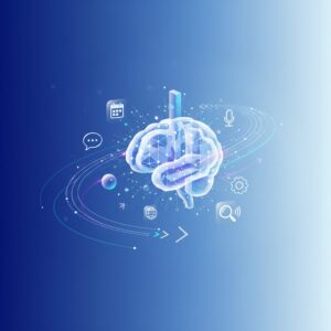 A modern desktop setup showcasing futuristic transparent screens displaying AI interfaces, a sleek smartphone, and a discreet smart home device, embodying the seamless integration of advanced AI personal assistants into a professional environment.