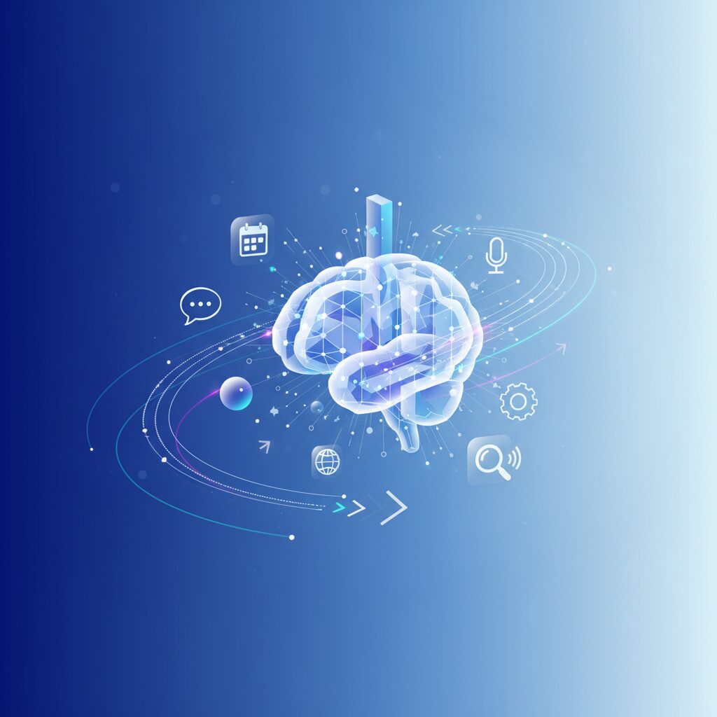 A modern desktop setup showcasing futuristic transparent screens displaying AI interfaces, a sleek smartphone, and a discreet smart home device, embodying the seamless integration of advanced AI personal assistants into a professional environment.