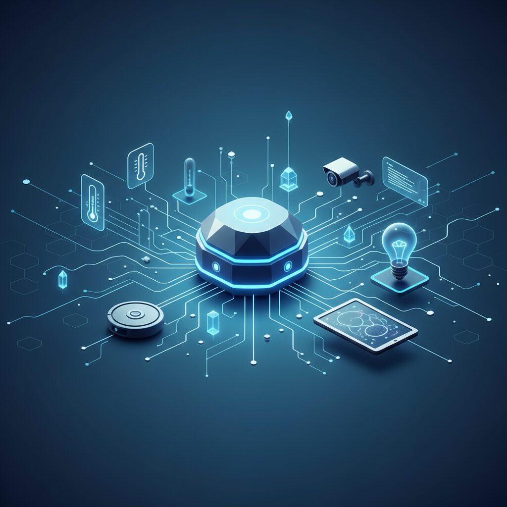 A sleek, futuristic AI smart home hub sits on a modern minimalist table in a brightly lit living room, demonstrating advanced smart home integration.