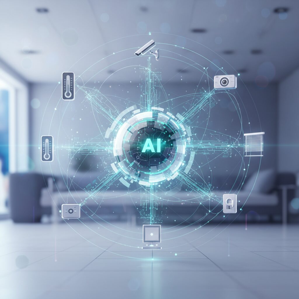 A sleek, modern AI-powered smart home hub device sits on a minimalist countertop, surrounded by subtle glowing indicators in a blurred futuristic living room setting.