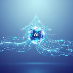 A professional working in a modern office, surrounded by holographic AI interfaces and digital assistants, symbolizing enhanced productivity in 2026.