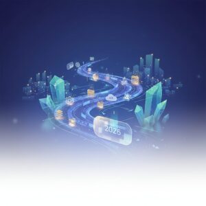 Diverse professionals in a modern small business office, collaborating with holographic interfaces and smart devices, symbolizing integrated AI productivity.