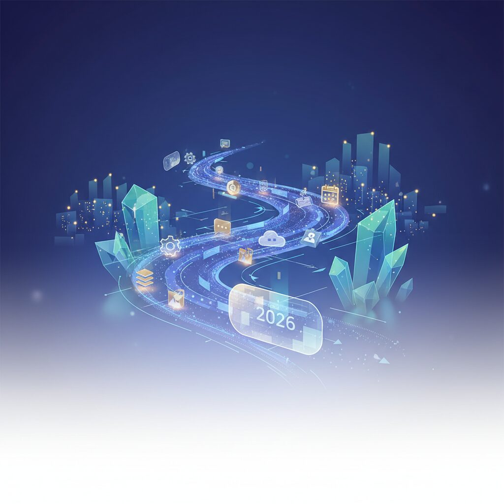 Diverse professionals in a modern small business office, collaborating with holographic interfaces and smart devices, symbolizing integrated AI productivity.