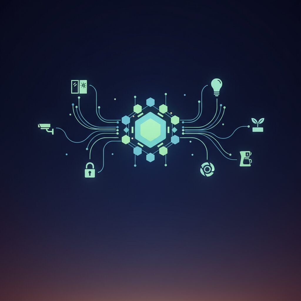 A sleek, futuristic smart home hub device sits on a minimalist living room table, casting a soft glow. The background shows a modern, organized home interior with integrated smart lighting and subtle tech elements.